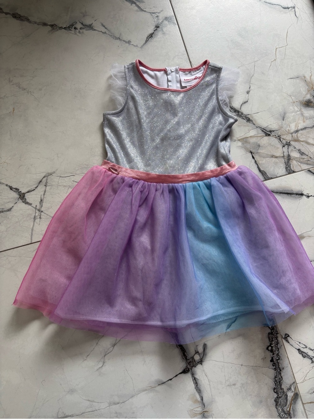 American Girl Silver Bodice with Pink, Purple & Blue Rainbow Tulle Dress